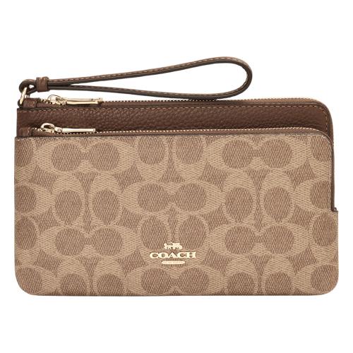 COACH-經典撞色防刮LOGO 雙層拉鍊大手拿包(深卡其x棕木色)