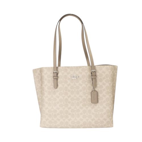 COACH-金屬馬車防刮PVC皮革 三層托特包(淺卡其)大