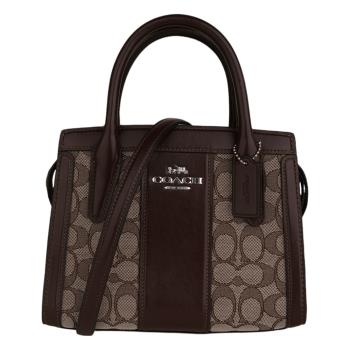 COACH-CARRYALL 皮革拼接緹花LOGO 兩用包(棕x卡其)小款