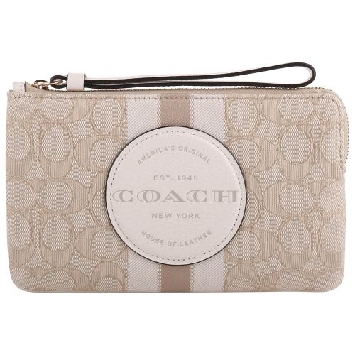 COACH-圓標LOGO槓條織紋布L型 單層大手拿包(淺卡其x白)