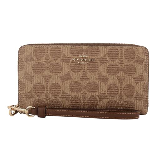 COACH-金馬車防刮LOGO皮革掛帶長夾(深卡其x咖帶)