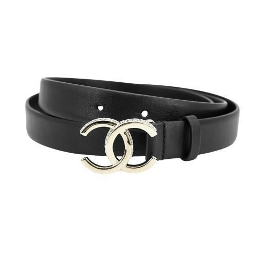 Chanel 展示品 牛皮淡金水鑽雙C釦式皮帶-85cm(AA9471-黑)