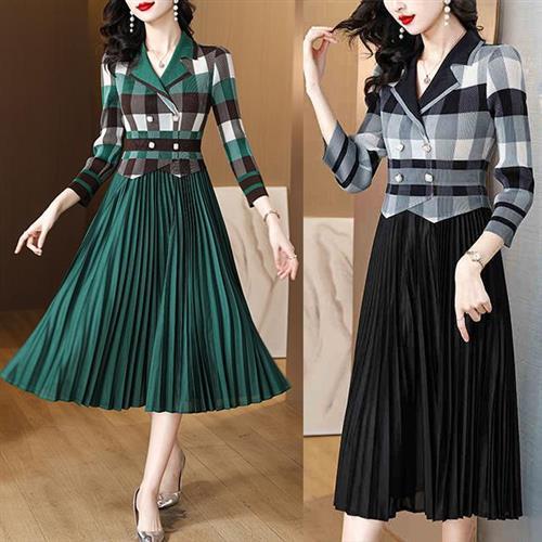 【KEITH-WILL歐風】韓國三宅頂極格紋壓褶高端長袖洋裝(中大尺碼/皺褶衣)