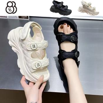 【88%】跟高6cm 菱格小香風魔鬼氈 厚底運動露趾涼鞋 涼拖鞋 2色