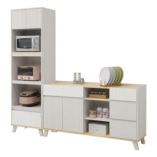 Boden-瓦耶7.3尺L型收納餐櫃組合(2尺高電器櫃+5尺碗盤置物矮櫃)