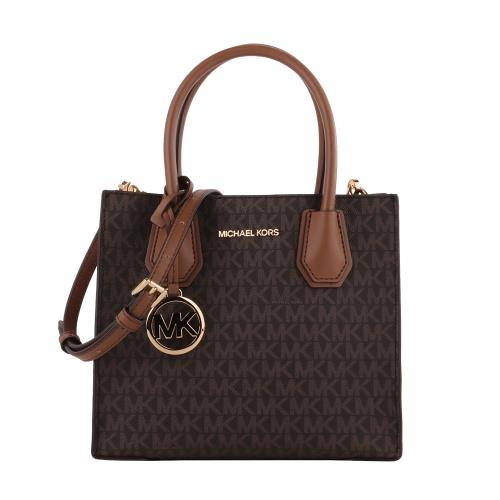 MICHAEL KORS-金字荔枝紋皮革手提/斜背包(深咖S)