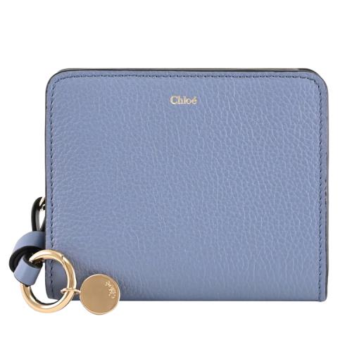 CHLOE 品牌燙金LOGO小牛皮對開零錢短夾.迷霧藍
