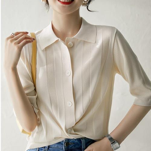 【ALLK 歐楷】促銷 排釦翻領針織衫上衣 2色(尺寸F/中大尺碼/涼爽/透氣)