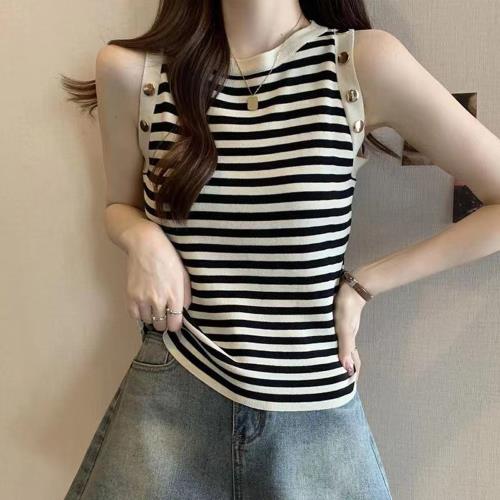 【ALLK 歐楷】新品 配飾涼感針織衫上衣 條紋(尺寸F/中大尺碼/涼爽/透氣)