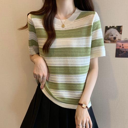 【ALLK 歐楷】新品 條紋配色針織衫上衣 2色(尺寸F/中大尺碼/涼爽/透氣)