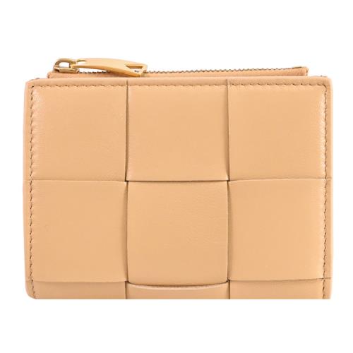 BOTTEGA VENETA 651381 大格編織NAPPA皮釦式零錢短夾.杏色