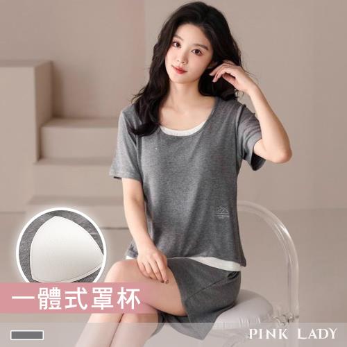 【PINK LADY】罩杯式 短袖成套睡衣 雲灰小貓 涼感螺紋布 兩件式居家服(女睡衣/圓領/內含胸墊/春夏) 25874