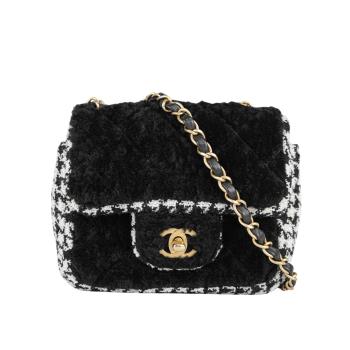 二手商品9成新 CHANEL 金色CC Logo 毛呢千鳥格紋迷你口蓋包/方胖包(黑色/白色)