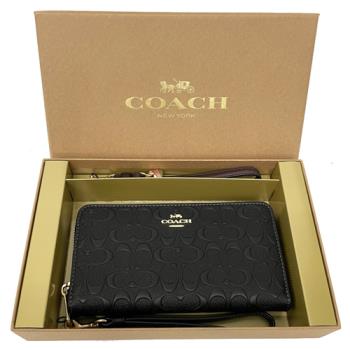 【COACH】浮雕C LOGO雙手掛吊飾長夾禮盒(黑)