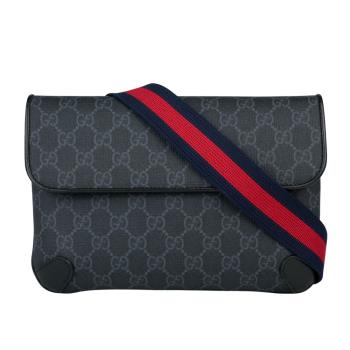 二手商品9成新 GUCCI GG Supreme 帆布藍紅織帶腰包/胸口包(黑色)