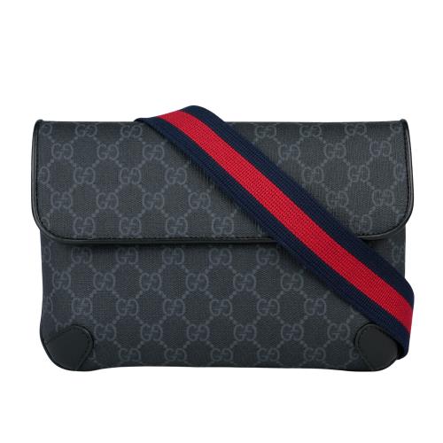 二手商品9成新_GUCCI GG Supreme 帆布藍紅織帶腰包/胸口包(黑色)
