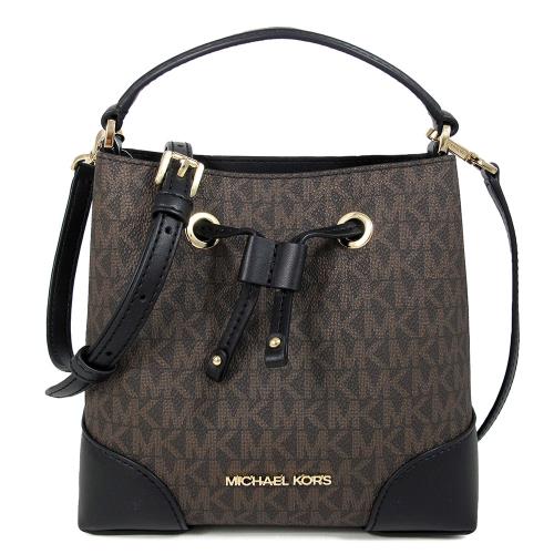 MICHAEL KORS 金字LOGO滿版小水桶兩用包(咖黑色)