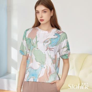 【SiOHER 熹歐禾】★法式手繪印染鑽飾真絲衣(女上衣/舒適/T恤)