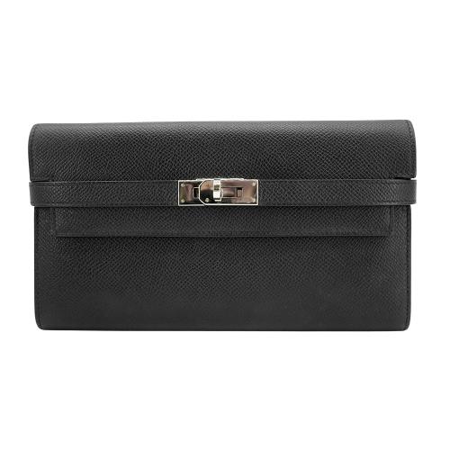 二手品 Hermes Kelly 牛皮銀扣長夾 (X刻/黑)