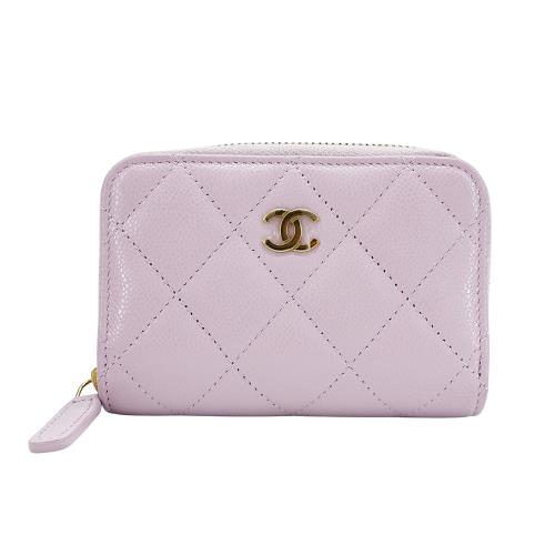 二手品 Chanel 粒紋牛皮淡金雙C拉鍊零錢包(AP0216-粉紫)