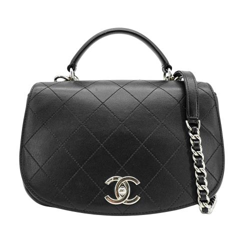 二手品 Chanel 滑面牛皮銀鍊手提兩用馬鞍包(黑)