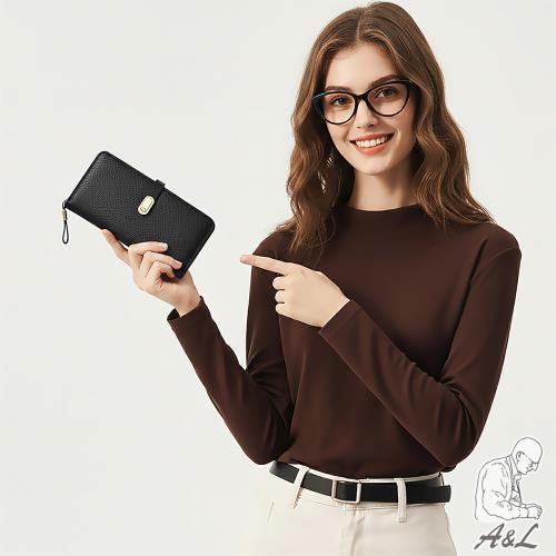 【A&L老工匠】真皮頭層牛皮Florence輕奢質感大容量多卡位長夾-經典黑