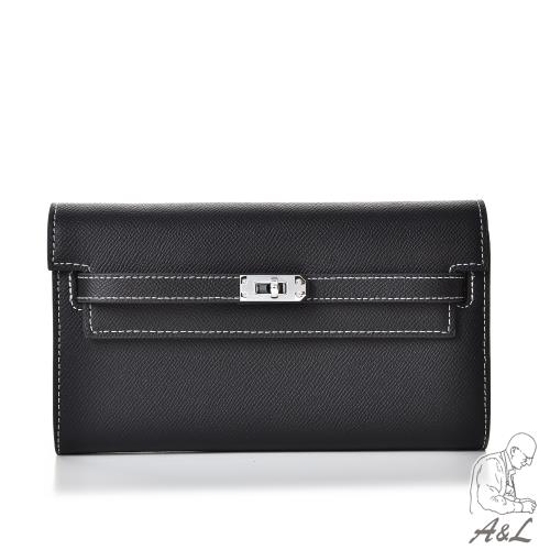 【A&L老工匠】真皮牛皮高級手掌紋凱莉錢包WOC斜背長夾-經典黑