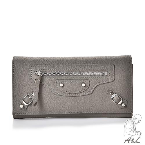 【A&L老工匠】真皮頭層牛皮Rufina機車包款鉚釘鏈條斜背WOC長夾-煙鉑灰