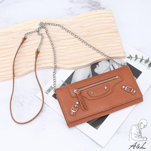 【A&L老工匠】真皮頭層牛皮Rufina機車包款鉚釘鏈條斜背WOC長夾-焦糖棕