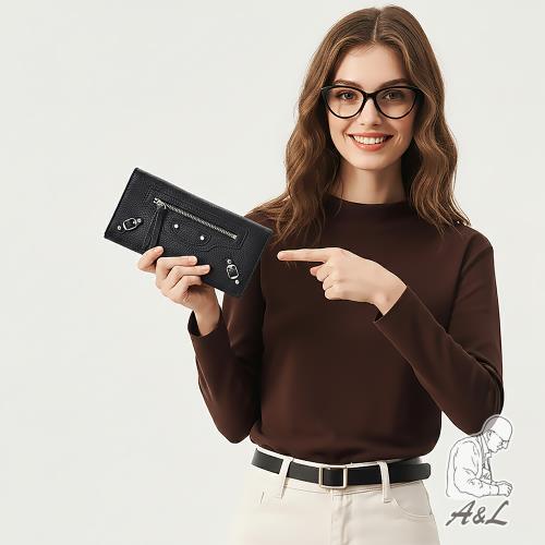 【A&L老工匠】真皮頭層牛皮Rufina機車包款鉚釘鏈條斜背WOC長夾-經典黑