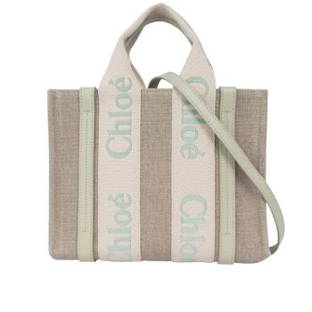 展示商品 CHLOE Woody 帆布拼牛皮手提/斜背二用托特包(小)(淺尤加利綠)