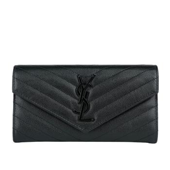 二手商品8.5成新 YSL 山形紋荔枝皮黑字logo釦式長夾(黑色)