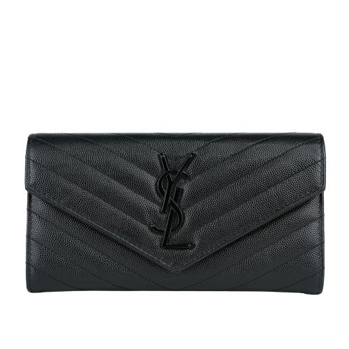 二手商品8.5成新_YSL 山形紋荔枝皮黑字logo釦式長夾(黑色)