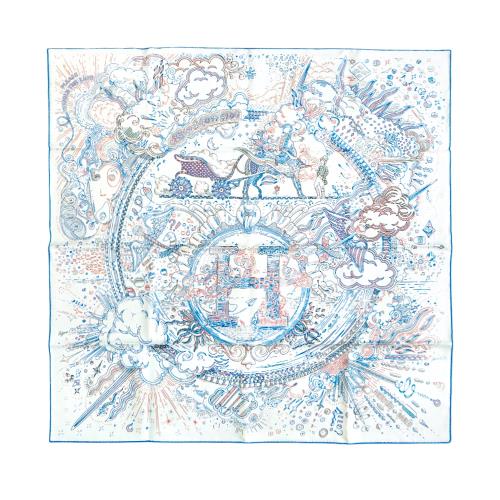 Hermes 春日暢想絲巾/方巾-90cm(白/藍紅)