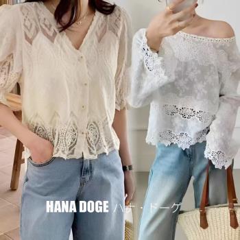HANA DOGE ハナ・ドーゲ 日系小清新百搭不敗款簍空蕾絲雕花純棉蕾絲罩衫上衣