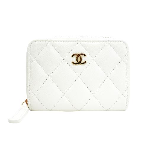 Chanel Coco 淡金雙C粒紋牛皮拉鍊零錢包(AP0216-白)