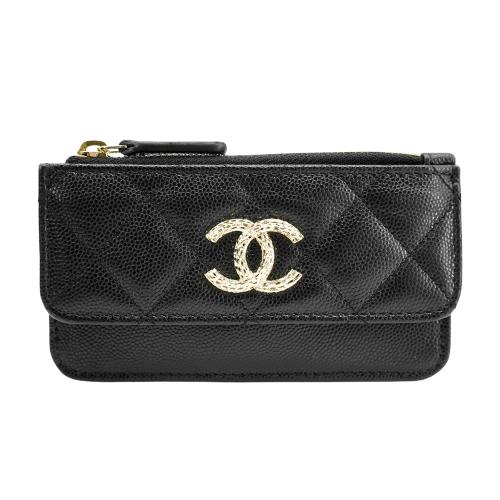 Chanel  金雙C粒紋牛皮釦式一字拉鍊卡包/零錢包(AP4314-黑)