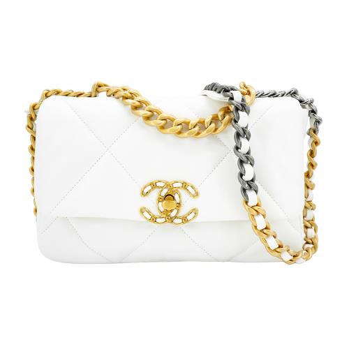 Chanel 19 菱格羊皮三色鍊手提斜背包-26cm(AS1160-白)
