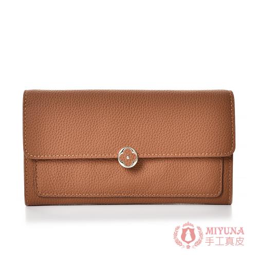 【MIYUNA米友娜】真皮細緻頭層牛皮Laney經典時尚幸運草長夾-焦糖棕