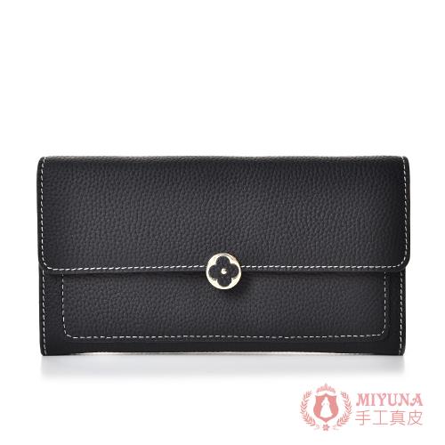 【MIYUNA米友娜】真皮細緻頭層牛皮Laney經典時尚幸運草長夾-經典黑