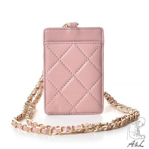 【A&L老工匠】真皮羊皮Violetta輕奢鏈帶菱格小香風通勤卡片證件套-櫻花粉