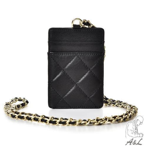【A&L老工匠】真皮羊皮Violetta輕奢鏈帶菱格小香風通勤卡片證件套-經典黑