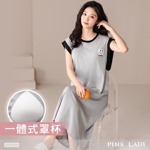 【PINK LADY】罩杯式 連身睡裙 微笑日記 涼感螺紋布 短袖睡衣 居家服(女睡衣/圓領/內含胸墊/春夏) 13140