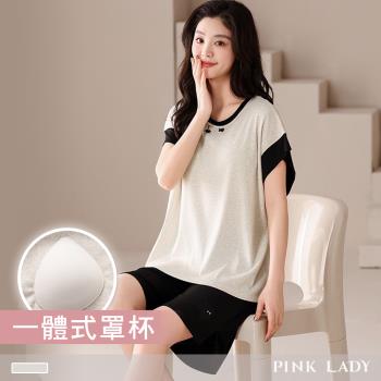 【PINK LADY】罩杯式 短袖成套睡衣 夜影貓語 涼感螺紋布 兩件式居家服(女睡衣/圓領/內含胸墊/春夏) 25941