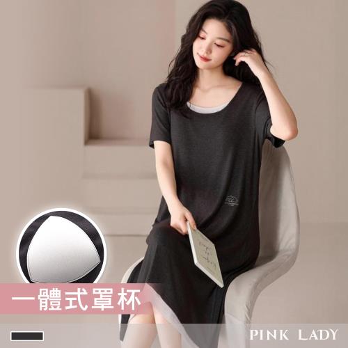 【PINK LADY】罩杯式 連身睡裙 慵懶貓語 涼感螺紋布 短袖睡衣 居家服(女睡衣/圓領/內含胸墊/春夏) 13082