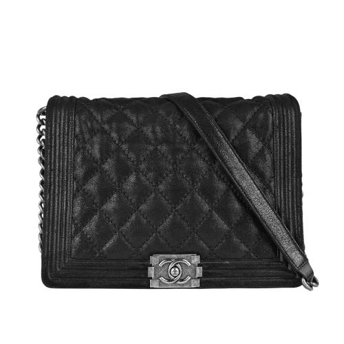 二手商品8成新_CHANEL 霧面軟牛皮霧銀釦中型 Boy Chanel 28cm(黑色)