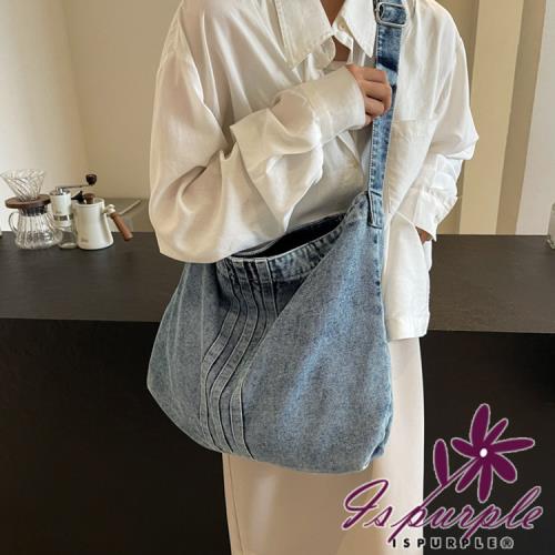iSPurple 慵懶百搭 水洗牛仔大容量單斜肩托特包/藍色