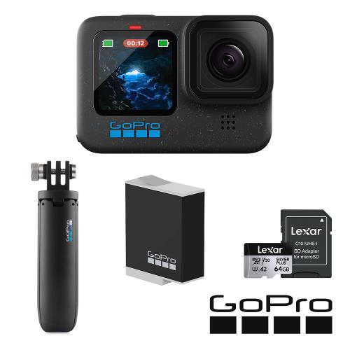 【GoPro】HERO12 Black CE創作者輕旅自拍套組 (HERO12創作者套組+迷你延長桿+腳架+原廠充電電池+64G記憶卡) ​正成公司貨