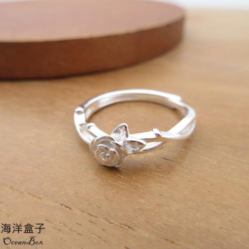 【海洋盒子】優雅雪白枝葉玫瑰花S925純銀戒指.可調整戒圍