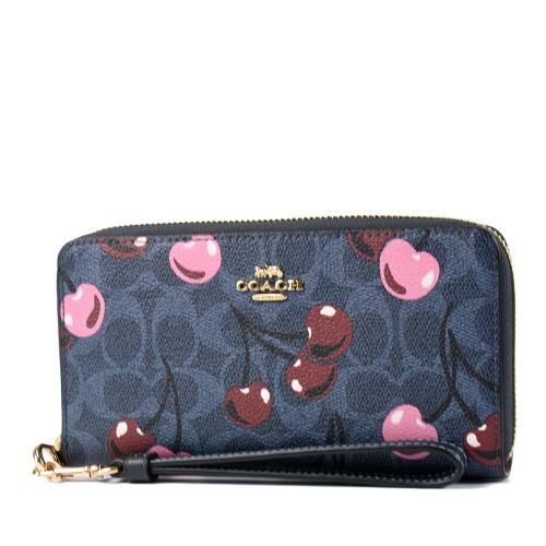 COACH 櫻桃緹花LOGO防刮皮革手掛式拉鍊長夾-單寧藍
